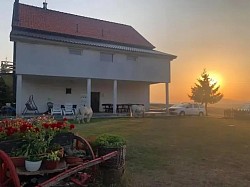 Dvorišna ljuljaška u hladovini – omiljeno mesto za čitanje i odmor na Zlatiboru  Bezbedno travnato dvorište gde deca mogu slobodno da se igraju i trče  Eksterijer kuće Zlatiborski visovi – tradicionalna gradnja u skladu sa prirodom  Mesto za parkiranje automobila u okviru dvorišta za sve goste apartmana  Baštenska garnitura pod tremom – idealno mesto za jutarnju kafu na planini